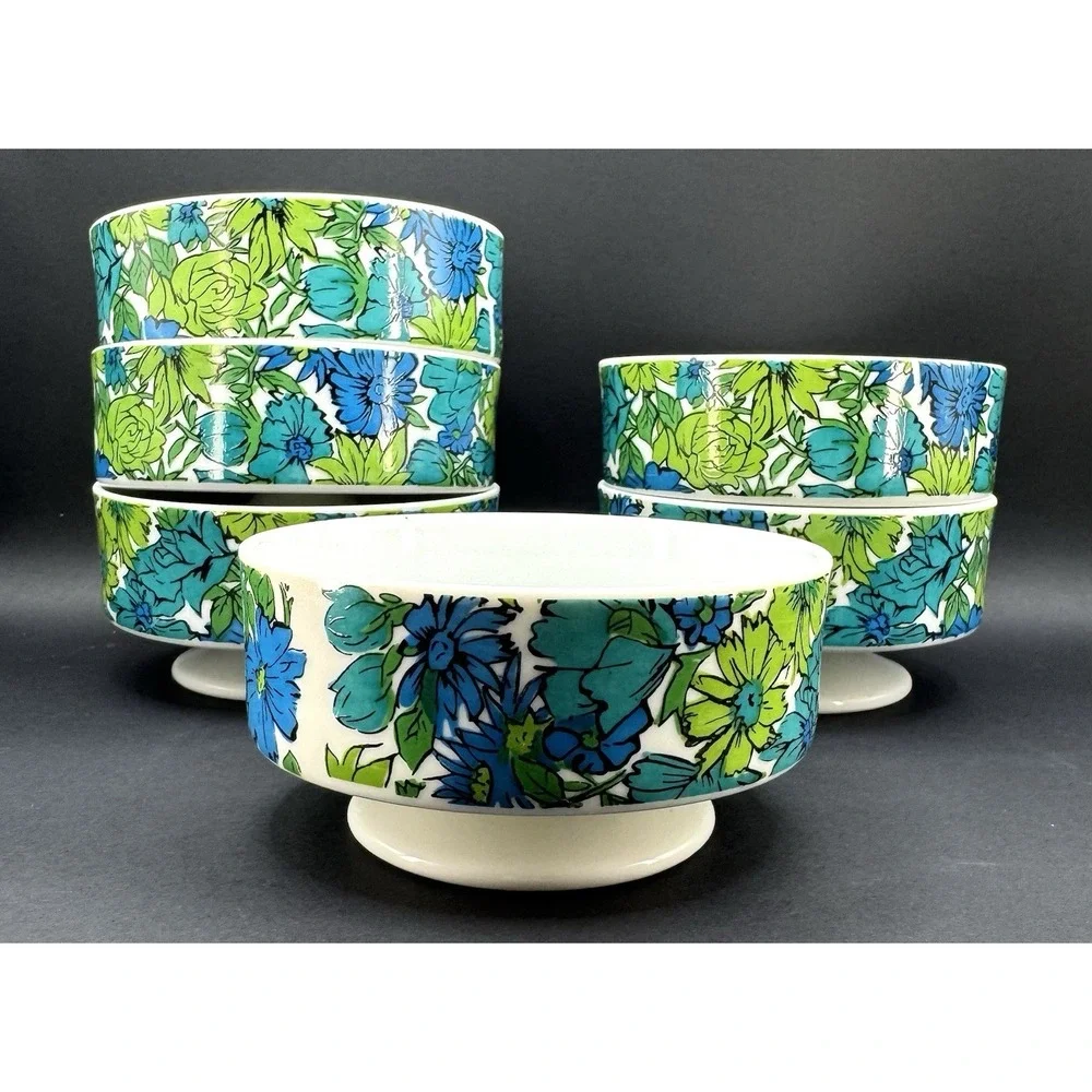 Vintage Holt Howard 1966 Set 6 Floral Pedestal Bowls Blue Green Mod MCM Flower